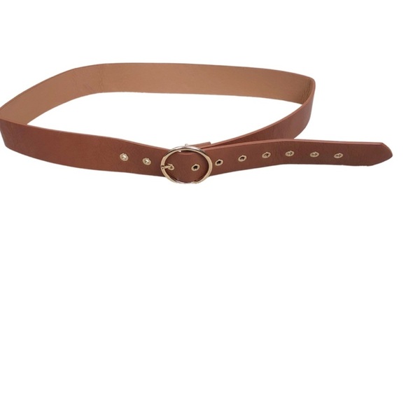 Uptown Cheapskate Faux Leather Brown Belt with Gold Circle Buckle - Picture 6 of 8